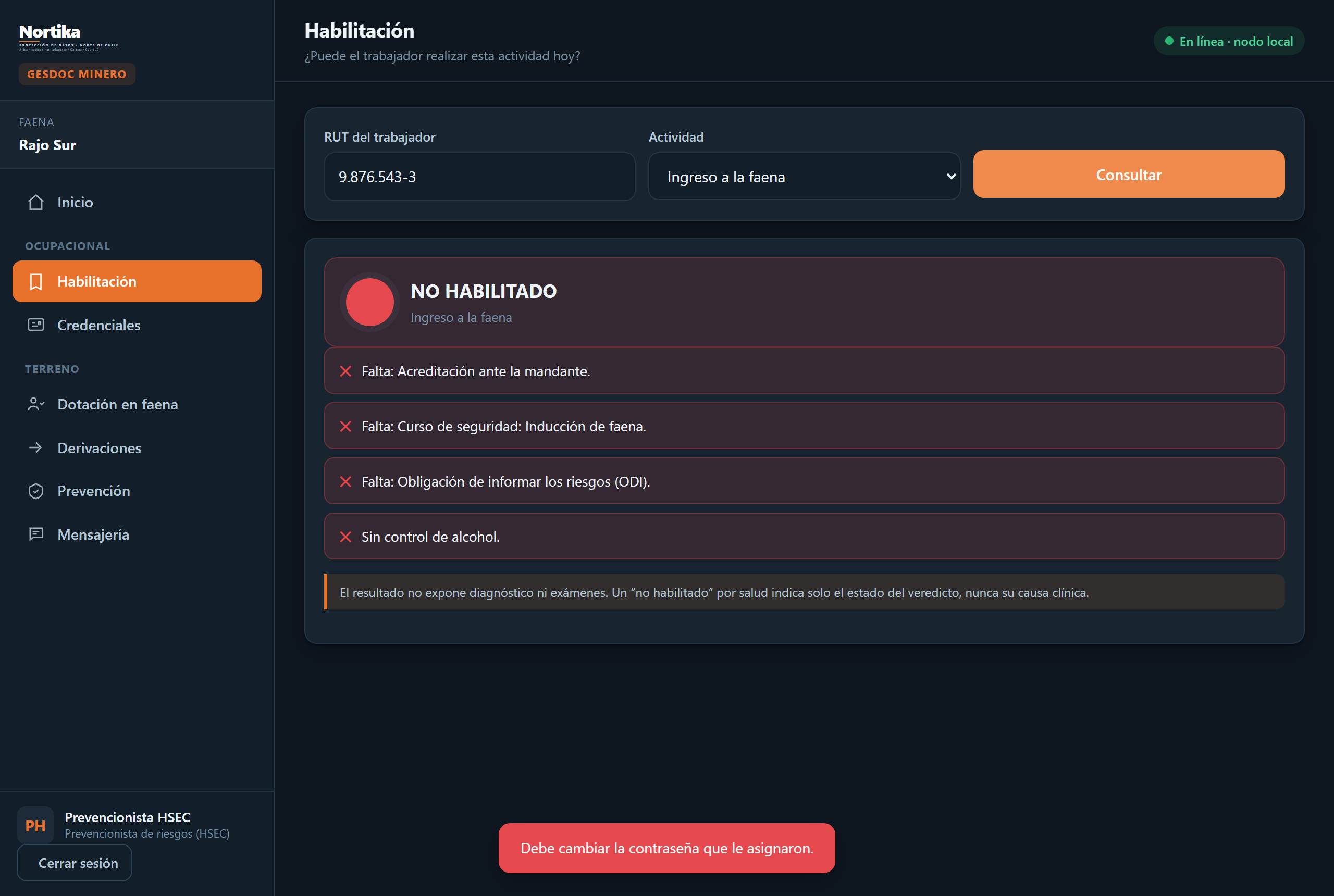 Vista de habilitación del prevencionista, con los bloqueos de la actividad