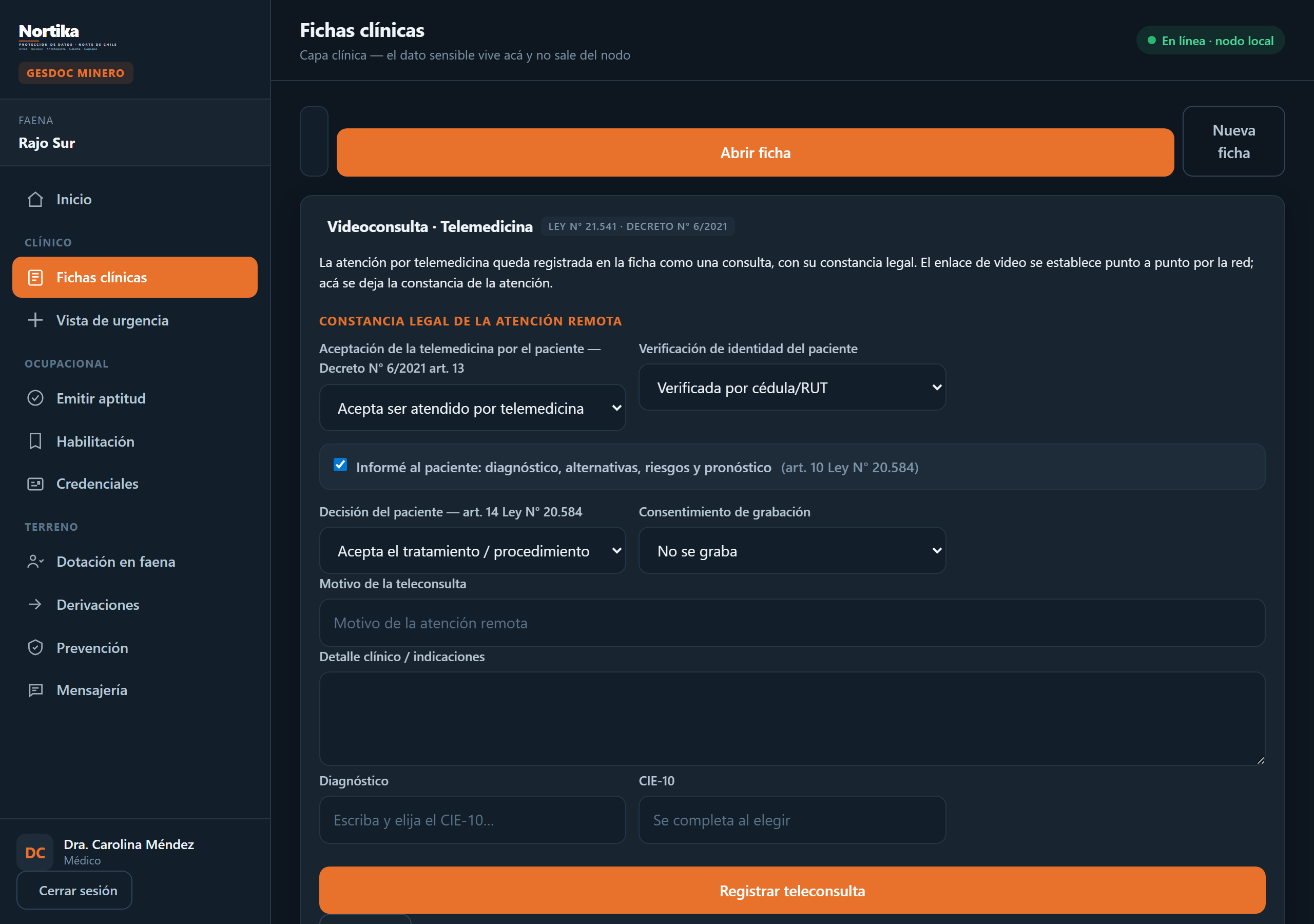 Videoconsulta con el bloque de consentimiento del paciente