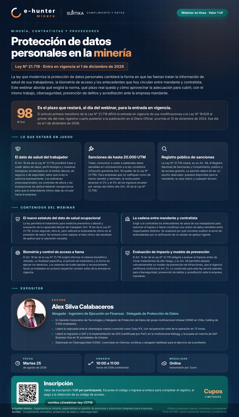 Afiche del webinar Protección de datos personales en la minería, Ley N° 21.719, martes 25 de agosto de 2026